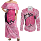 Personalised Australia Breast Cancer Awareness Couples Matching Off Shoulder Maxi Dress and Long Sleeve Button Shirt Pink Cockatoo Fight Boxing Gloves Aboriginal Art