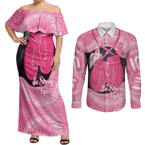Personalised Australia Breast Cancer Awareness Couples Matching Off Shoulder Maxi Dress and Long Sleeve Button Shirt Pink Cockatoo Fight Boxing Gloves Aboriginal Art