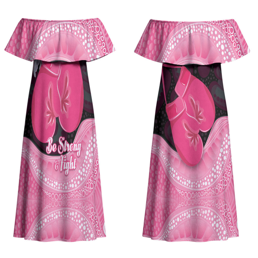 Personalised Australia Breast Cancer Awareness Couples Matching Off Shoulder Maxi Dress and Long Sleeve Button Shirt Pink Cockatoo Fight Boxing Gloves Aboriginal Art