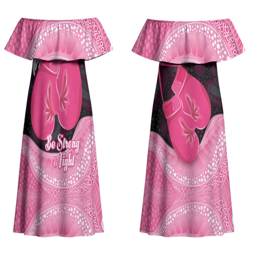 Personalised Australia Breast Cancer Awareness Couples Matching Off Shoulder Maxi Dress and Long Sleeve Button Shirt Pink Cockatoo Fight Boxing Gloves Aboriginal Art