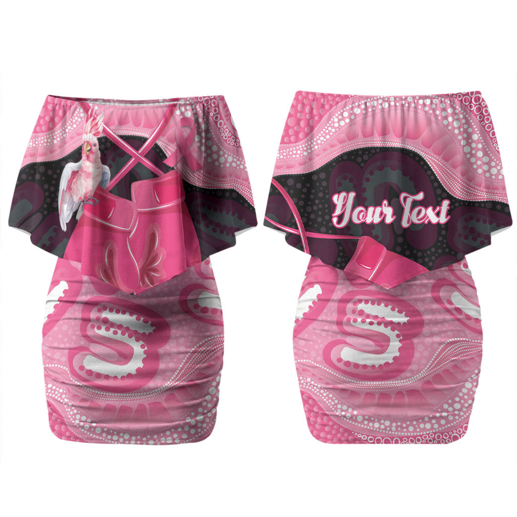 Personalised Australia Breast Cancer Awareness Couples Matching Off Shoulder Short Dress and Hawaiian Shirt Pink Cockatoo Fight Boxing Gloves Aboriginal Art