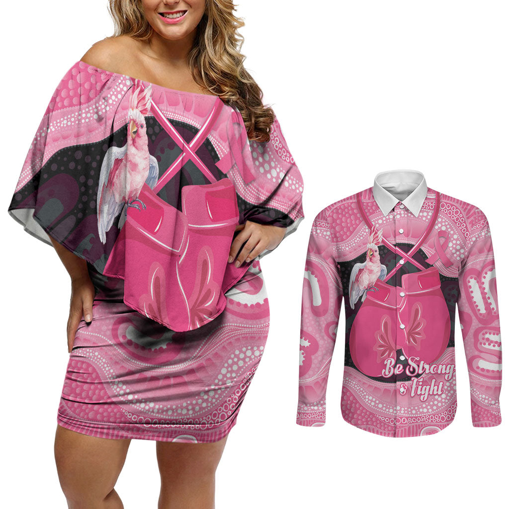 Personalised Australia Breast Cancer Awareness Couples Matching Off Shoulder Short Dress and Long Sleeve Button Shirt Pink Cockatoo Fight Boxing Gloves Aboriginal Art