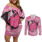 Personalised Australia Breast Cancer Awareness Couples Matching Off Shoulder Short Dress and Long Sleeve Button Shirt Pink Cockatoo Fight Boxing Gloves Aboriginal Art