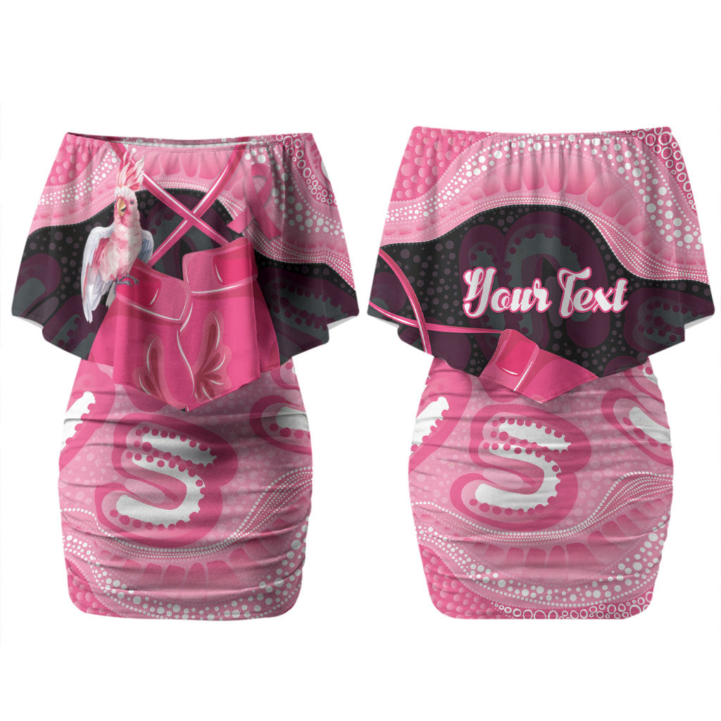 Personalised Australia Breast Cancer Awareness Couples Matching Off Shoulder Short Dress and Long Sleeve Button Shirt Pink Cockatoo Fight Boxing Gloves Aboriginal Art