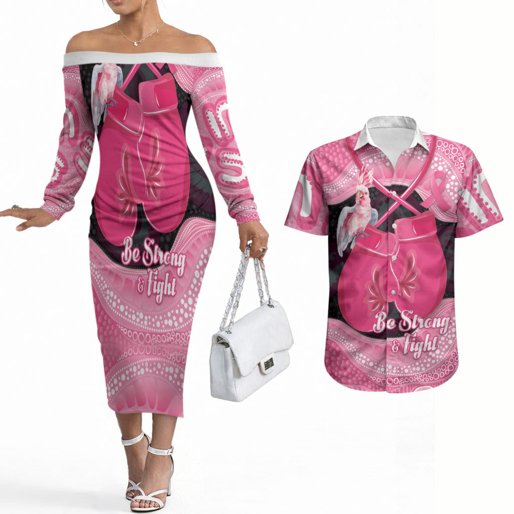 Personalised Australia Breast Cancer Awareness Couples Matching Off The Shoulder Long Sleeve Dress and Hawaiian Shirt Pink Cockatoo Fight Boxing Gloves Aboriginal Art