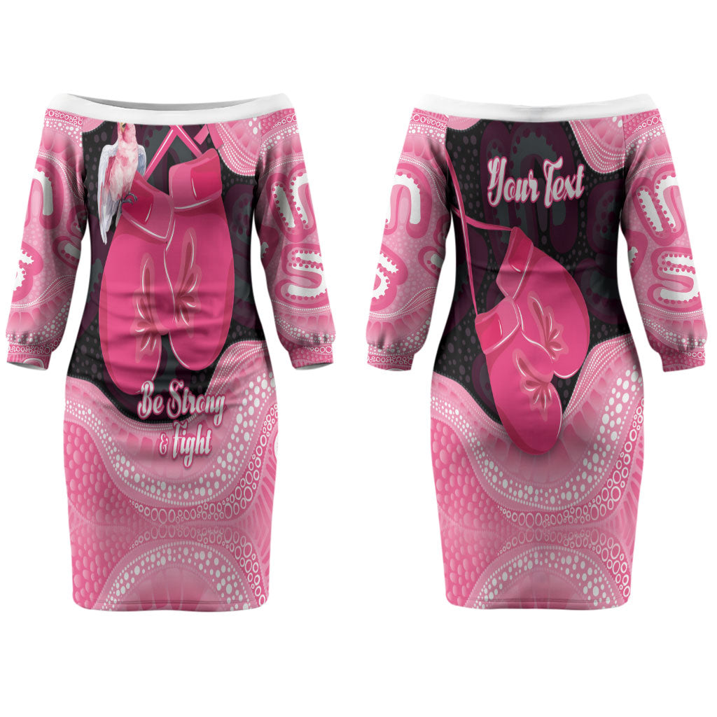 Personalised Australia Breast Cancer Awareness Couples Matching Off The Shoulder Long Sleeve Dress and Hawaiian Shirt Pink Cockatoo Fight Boxing Gloves Aboriginal Art