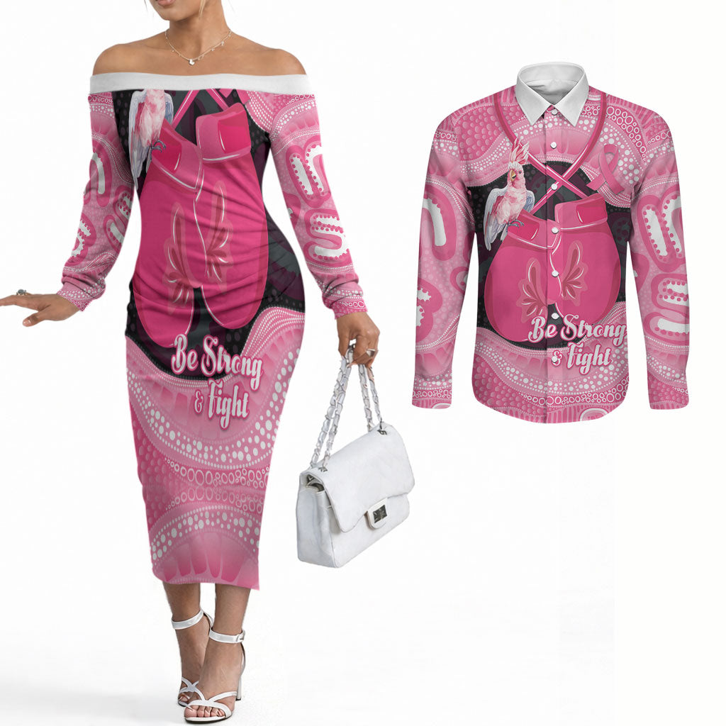 Personalised Australia Breast Cancer Awareness Couples Matching Off The Shoulder Long Sleeve Dress and Long Sleeve Button Shirt Pink Cockatoo Fight Boxing Gloves Aboriginal Art