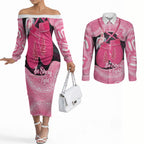 Personalised Australia Breast Cancer Awareness Couples Matching Off The Shoulder Long Sleeve Dress and Long Sleeve Button Shirt Pink Cockatoo Fight Boxing Gloves Aboriginal Art