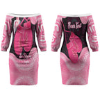 Personalised Australia Breast Cancer Awareness Couples Matching Off The Shoulder Long Sleeve Dress and Long Sleeve Button Shirt Pink Cockatoo Fight Boxing Gloves Aboriginal Art