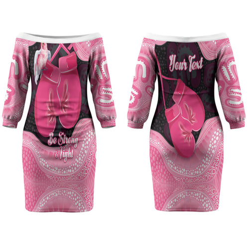 Personalised Australia Breast Cancer Awareness Couples Matching Off The Shoulder Long Sleeve Dress and Long Sleeve Button Shirt Pink Cockatoo Fight Boxing Gloves Aboriginal Art
