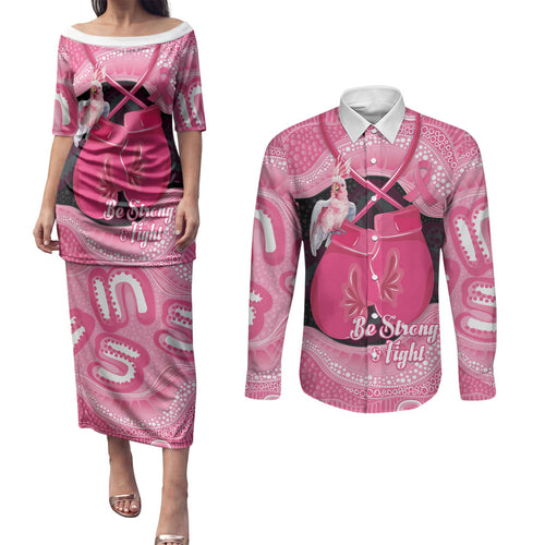 Personalised Australia Breast Cancer Awareness Couples Matching Puletasi and Long Sleeve Button Shirt Pink Cockatoo Fight Boxing Gloves Aboriginal Art