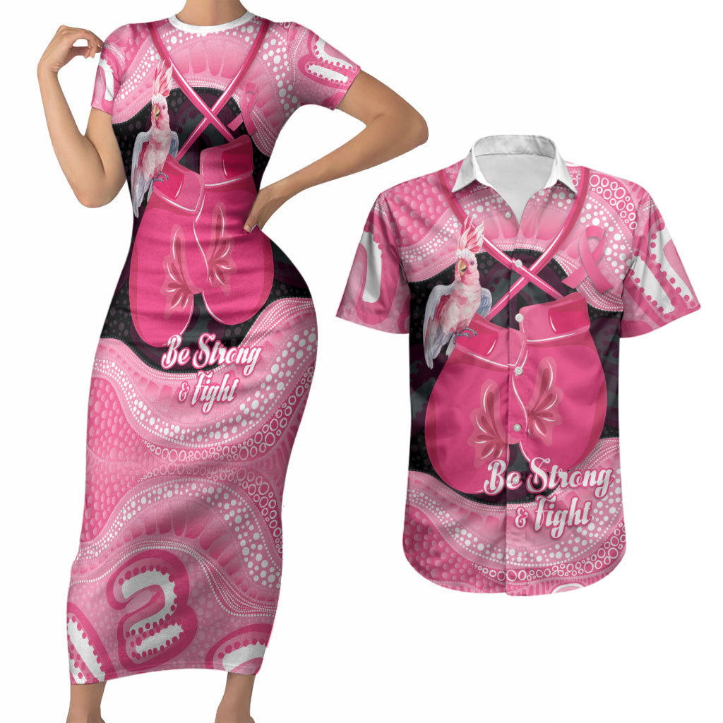 Personalised Australia Breast Cancer Awareness Couples Matching Short Sleeve Bodycon Dress and Hawaiian Shirt Pink Cockatoo Fight Boxing Gloves Aboriginal Art