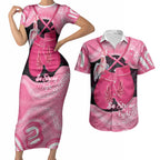 Personalised Australia Breast Cancer Awareness Couples Matching Short Sleeve Bodycon Dress and Hawaiian Shirt Pink Cockatoo Fight Boxing Gloves Aboriginal Art