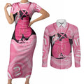 Personalised Australia Breast Cancer Awareness Couples Matching Short Sleeve Bodycon Dress and Long Sleeve Button Shirt Pink Cockatoo Fight Boxing Gloves Aboriginal Art
