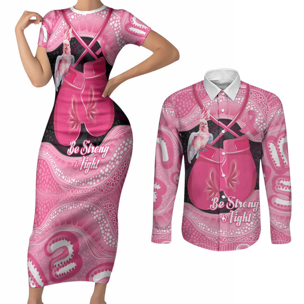 Personalised Australia Breast Cancer Awareness Couples Matching Short Sleeve Bodycon Dress and Long Sleeve Button Shirt Pink Cockatoo Fight Boxing Gloves Aboriginal Art