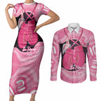 Personalised Australia Breast Cancer Awareness Couples Matching Short Sleeve Bodycon Dress and Long Sleeve Button Shirt Pink Cockatoo Fight Boxing Gloves Aboriginal Art