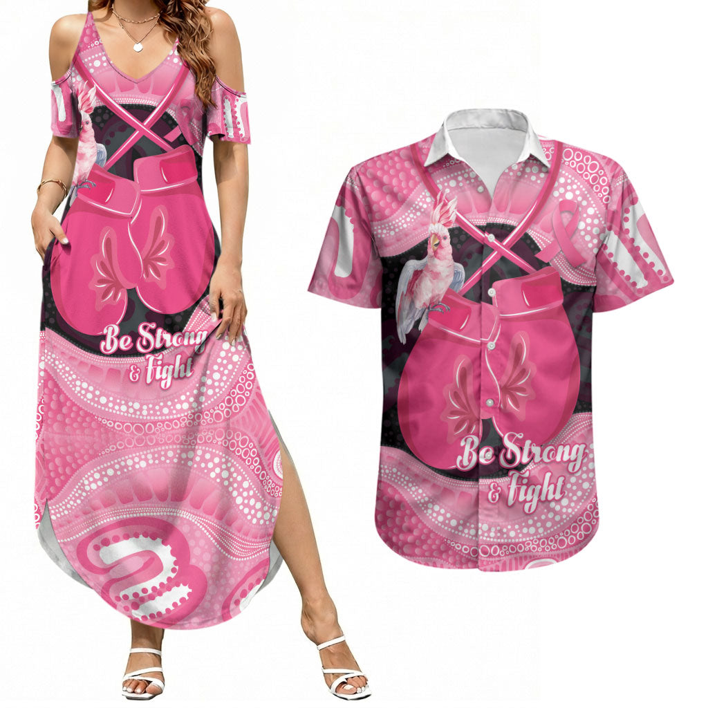 Personalised Australia Breast Cancer Awareness Couples Matching Summer Maxi Dress and Hawaiian Shirt Pink Cockatoo Fight Boxing Gloves Aboriginal Art