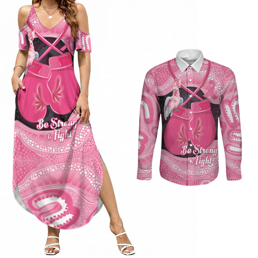 Personalised Australia Breast Cancer Awareness Couples Matching Summer Maxi Dress and Long Sleeve Button Shirt Pink Cockatoo Fight Boxing Gloves Aboriginal Art