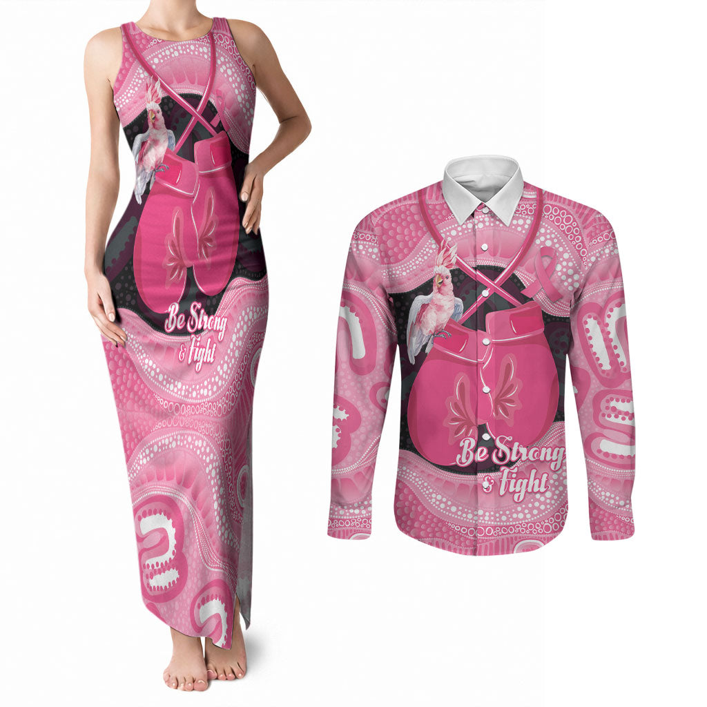 Personalised Australia Breast Cancer Awareness Couples Matching Tank Maxi Dress and Long Sleeve Button Shirt Pink Cockatoo Fight Boxing Gloves Aboriginal Art