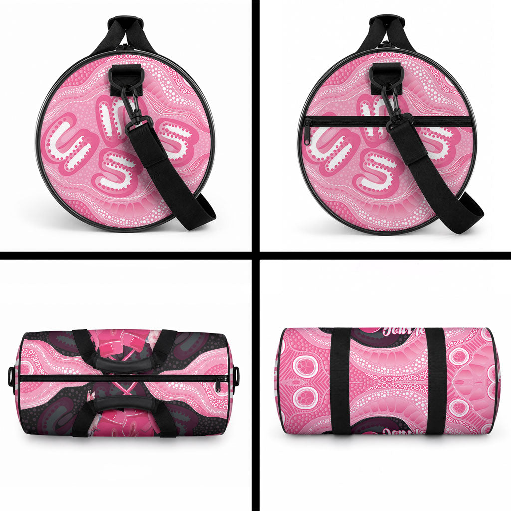 Personalised Australia Breast Cancer Awareness Duffle Bag Pink Cockatoo Fight Boxing Gloves Aboriginal Art