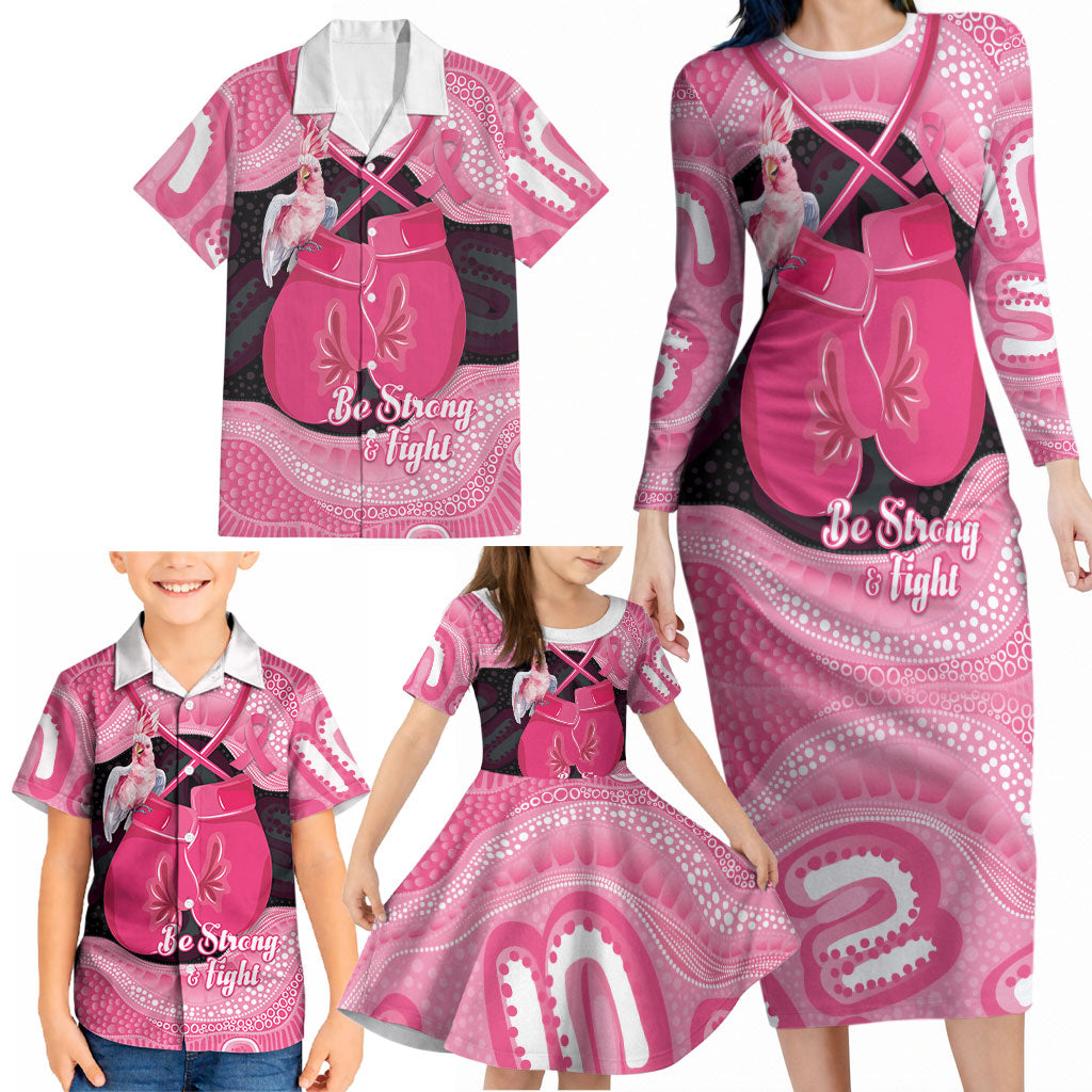 Personalised Australia Breast Cancer Awareness Family Matching Long Sleeve Bodycon Dress and Hawaiian Shirt Pink Cockatoo Fight Boxing Gloves Aboriginal Art