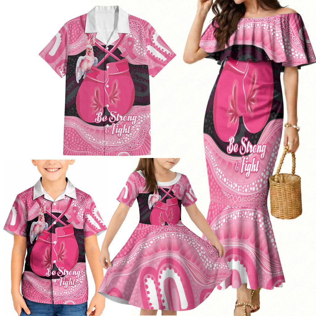 Personalised Australia Breast Cancer Awareness Family Matching Mermaid Dress and Hawaiian Shirt Pink Cockatoo Fight Boxing Gloves Aboriginal Art
