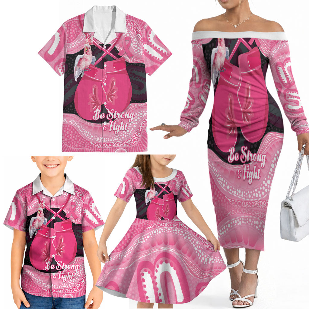 Personalised Australia Breast Cancer Awareness Family Matching Off The Shoulder Long Sleeve Dress and Hawaiian Shirt Pink Cockatoo Fight Boxing Gloves Aboriginal Art