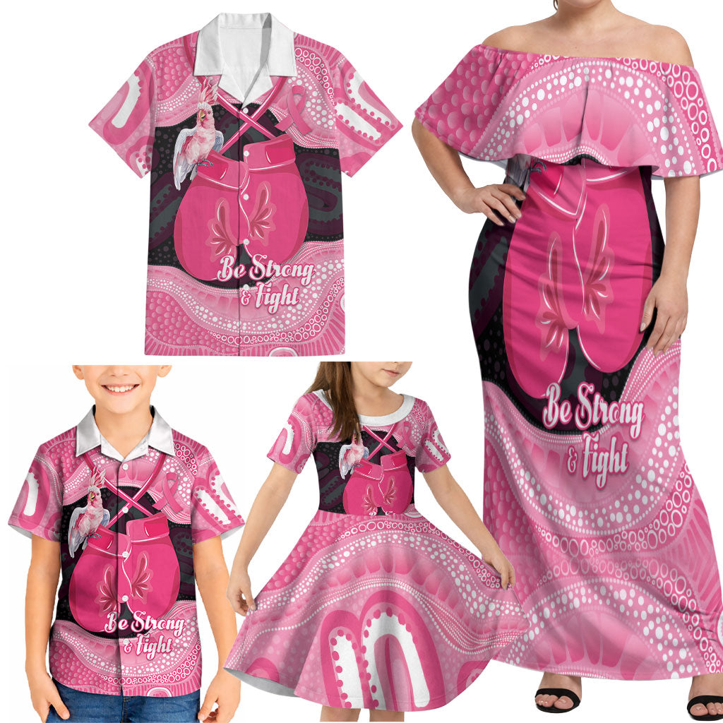 Personalised Australia Breast Cancer Awareness Family Matching Off Shoulder Maxi Dress and Hawaiian Shirt Pink Cockatoo Fight Boxing Gloves Aboriginal Art