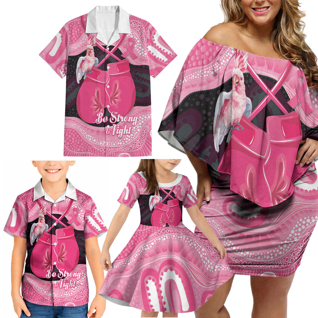 Personalised Australia Breast Cancer Awareness Family Matching Off Shoulder Short Dress and Hawaiian Shirt Pink Cockatoo Fight Boxing Gloves Aboriginal Art