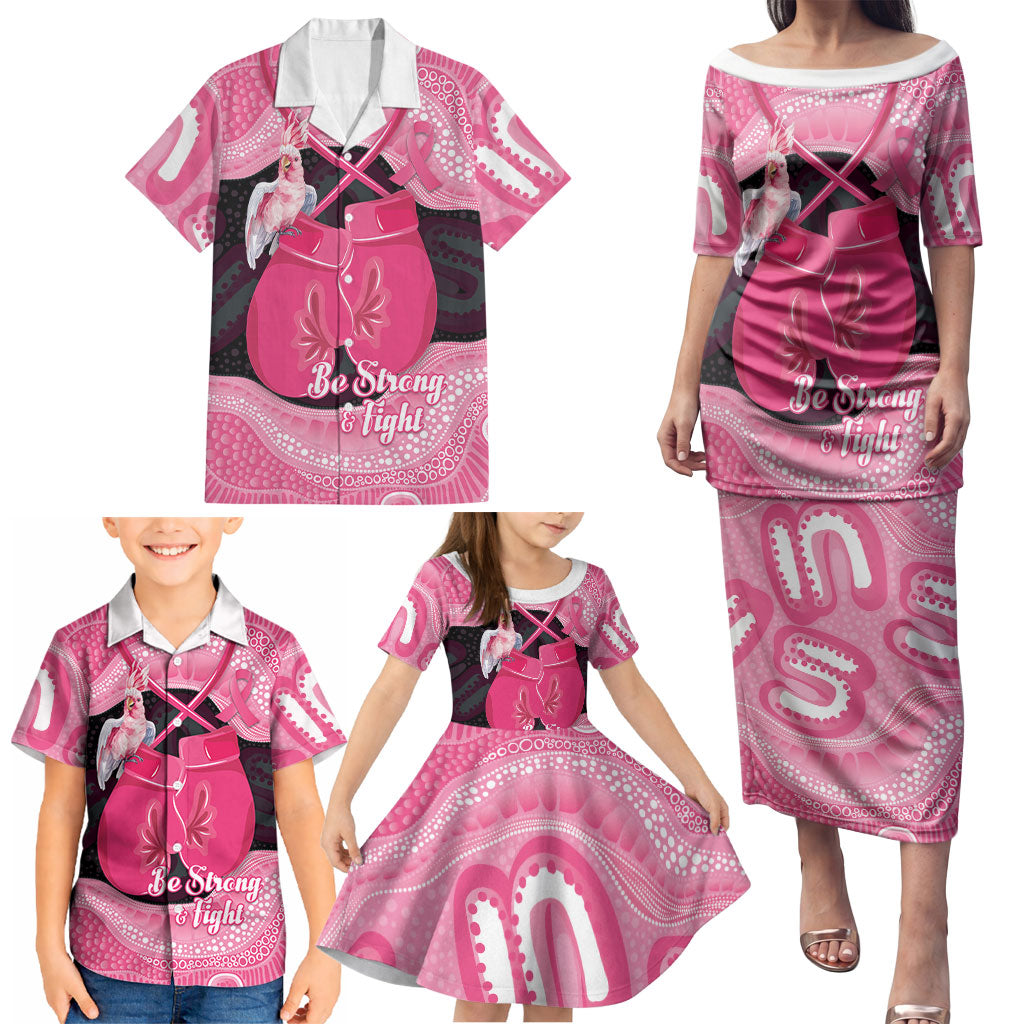 Personalised Australia Breast Cancer Awareness Family Matching Puletasi and Hawaiian Shirt Pink Cockatoo Fight Boxing Gloves Aboriginal Art