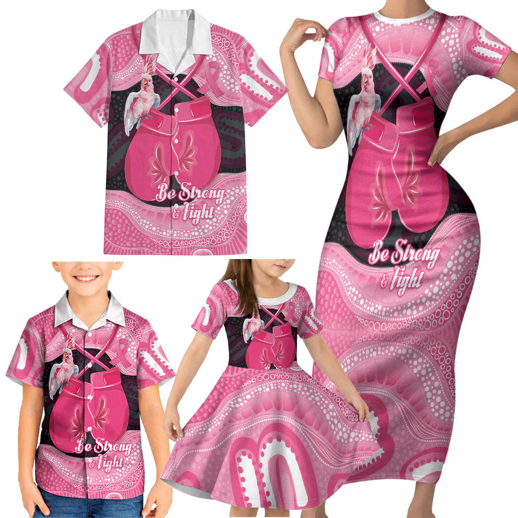 Personalised Australia Breast Cancer Awareness Family Matching Short Sleeve Bodycon Dress and Hawaiian Shirt Pink Cockatoo Fight Boxing Gloves Aboriginal Art
