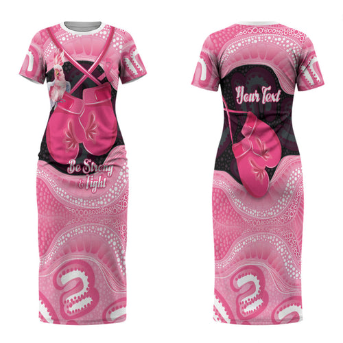 Personalised Australia Breast Cancer Awareness Family Matching Short Sleeve Bodycon Dress and Hawaiian Shirt Pink Cockatoo Fight Boxing Gloves Aboriginal Art