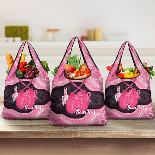 Personalised Australia Breast Cancer Awareness Grocery Bag Pink Cockatoo Fight Boxing Gloves Aboriginal Art