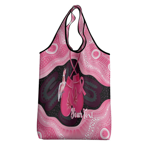 Personalised Australia Breast Cancer Awareness Grocery Bag Pink Cockatoo Fight Boxing Gloves Aboriginal Art