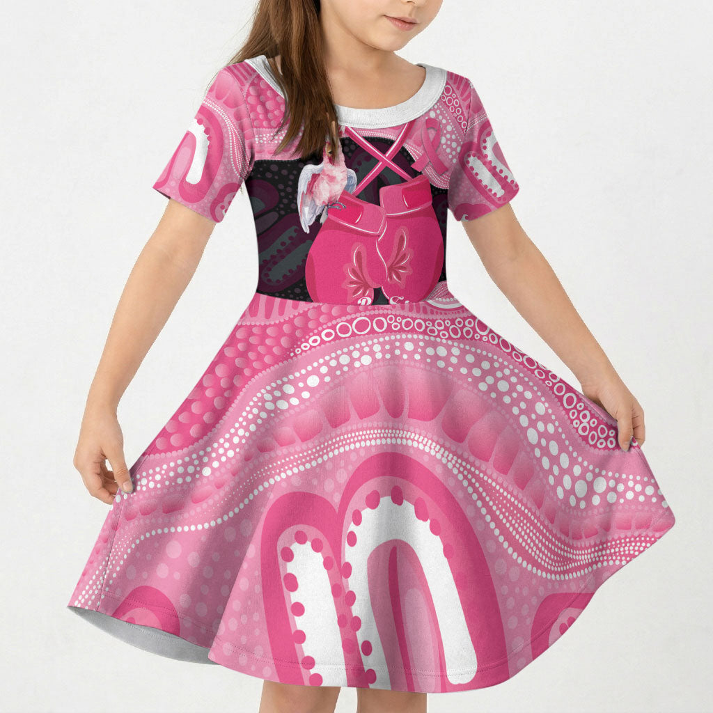 Personalised Australia Breast Cancer Awareness Kid Short Sleeve Dress Pink Cockatoo Fight Boxing Gloves Aboriginal Art