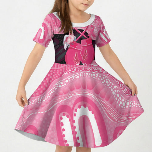 Personalised Australia Breast Cancer Awareness Kid Short Sleeve Dress Pink Cockatoo Fight Boxing Gloves Aboriginal Art