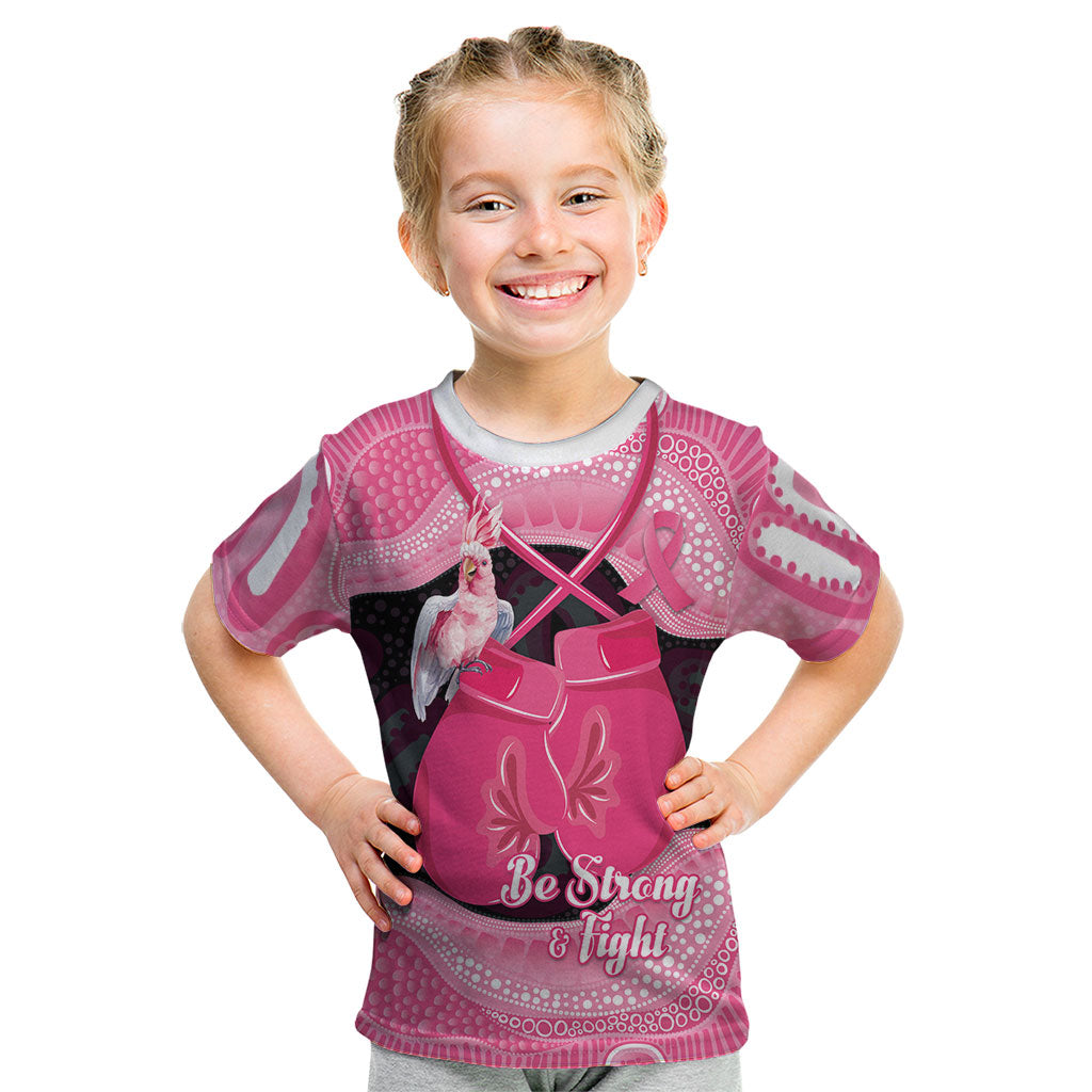 Personalised Australia Breast Cancer Awareness Kid T Shirt Pink Cockatoo Fight Boxing Gloves Aboriginal Art