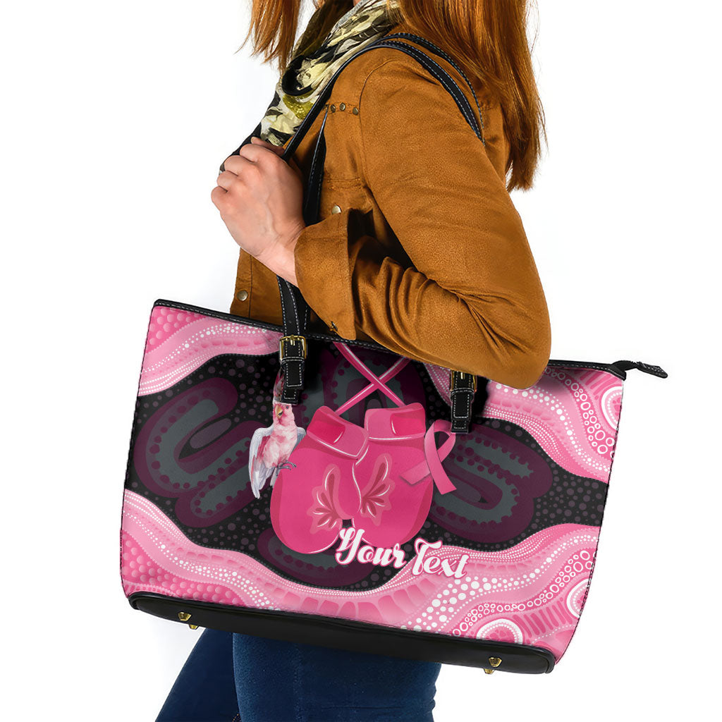 Personalised Australia Breast Cancer Awareness Leather Tote Bag Pink Cockatoo Fight Boxing Gloves Aboriginal Art