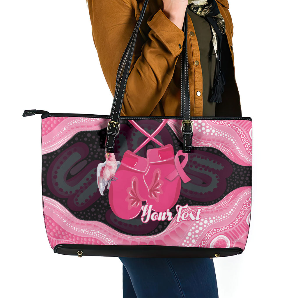 Personalised Australia Breast Cancer Awareness Leather Tote Bag Pink Cockatoo Fight Boxing Gloves Aboriginal Art