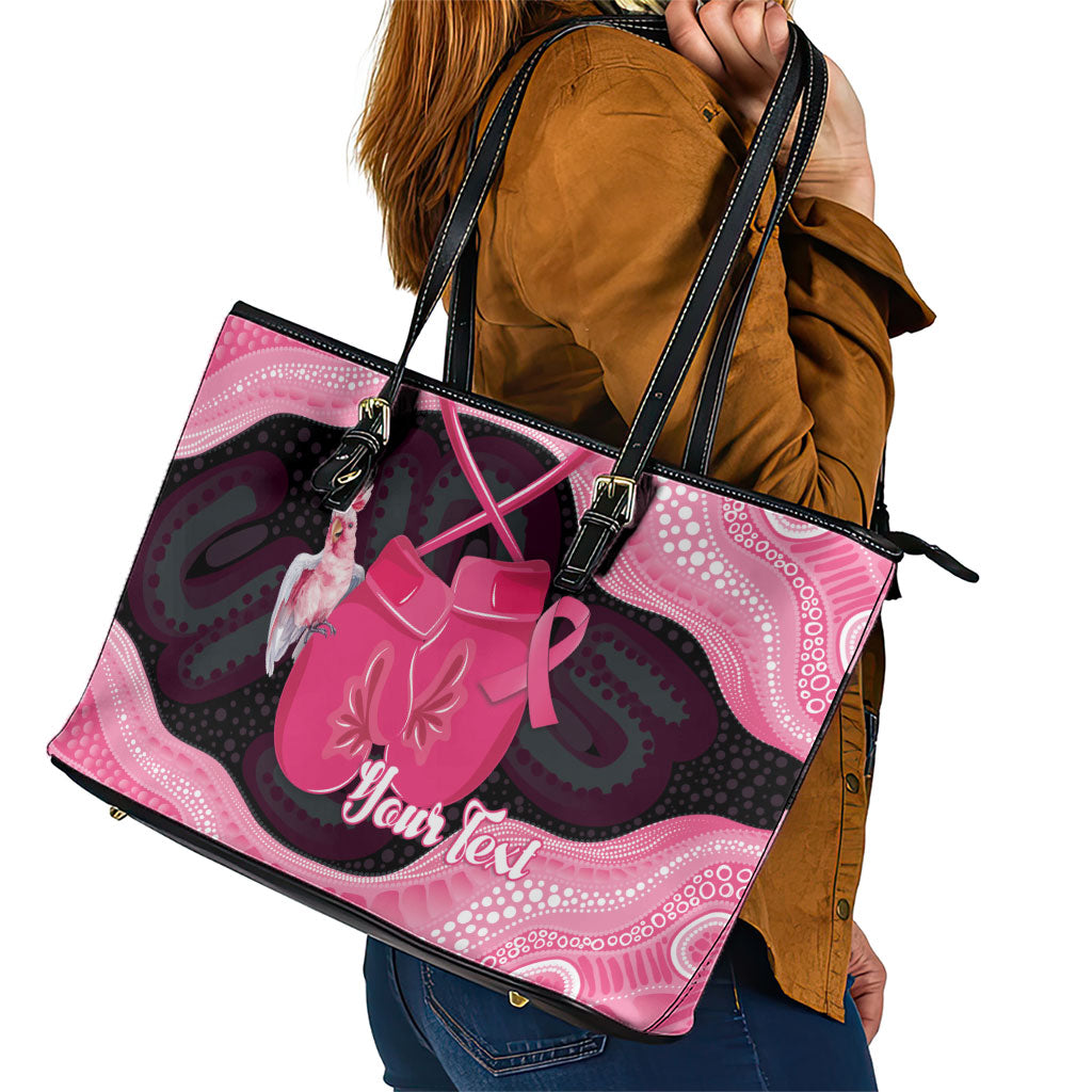 Personalised Australia Breast Cancer Awareness Leather Tote Bag Pink Cockatoo Fight Boxing Gloves Aboriginal Art