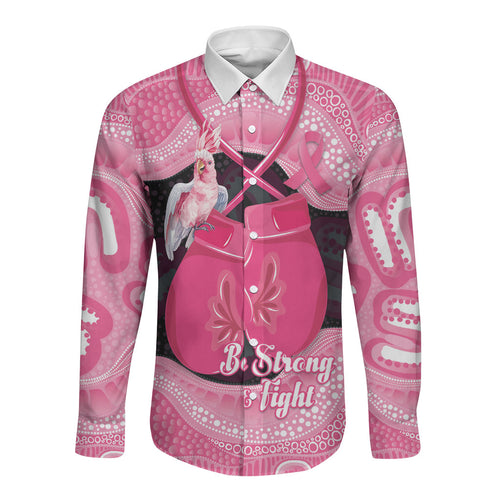 Personalised Australia Breast Cancer Awareness Long Sleeve Button Shirt Pink Cockatoo Fight Boxing Gloves Aboriginal Art