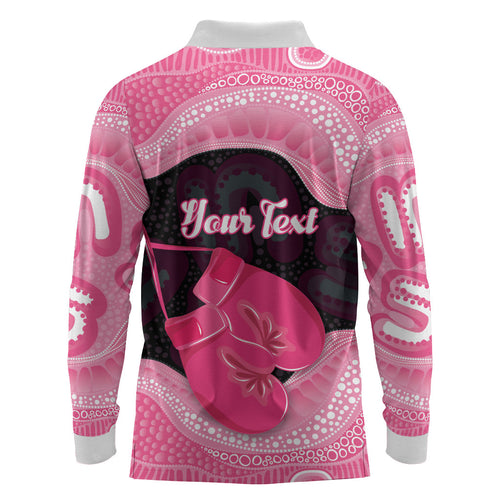 Personalised Australia Breast Cancer Awareness Long Sleeve Polo Shirt Pink Cockatoo Fight Boxing Gloves Aboriginal Art