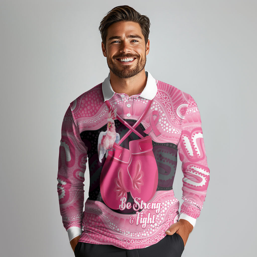 Personalised Australia Breast Cancer Awareness Long Sleeve Polo Shirt Pink Cockatoo Fight Boxing Gloves Aboriginal Art