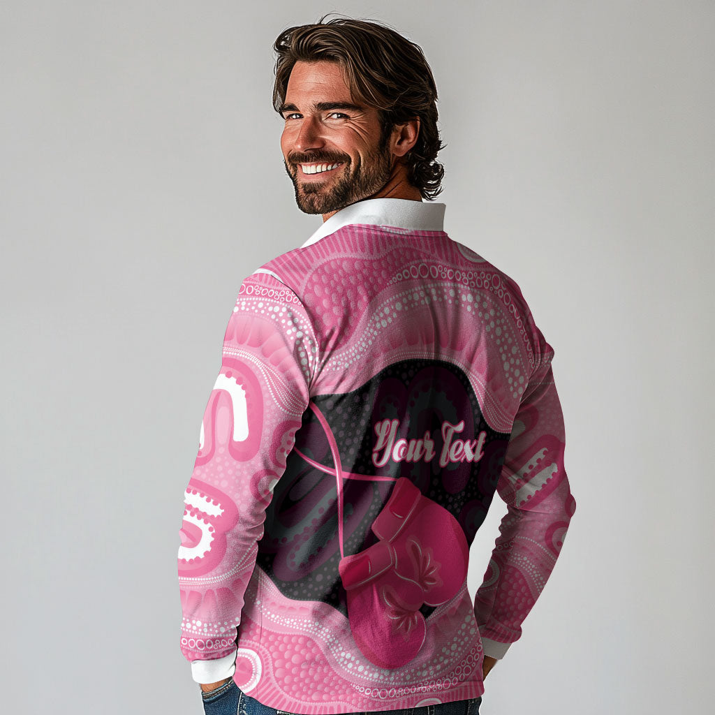 Personalised Australia Breast Cancer Awareness Long Sleeve Polo Shirt Pink Cockatoo Fight Boxing Gloves Aboriginal Art