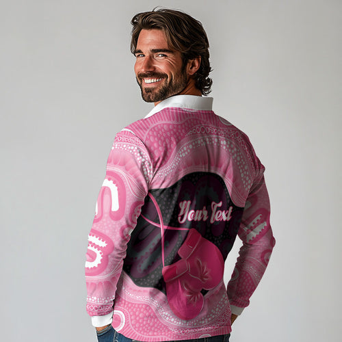 Personalised Australia Breast Cancer Awareness Long Sleeve Polo Shirt Pink Cockatoo Fight Boxing Gloves Aboriginal Art