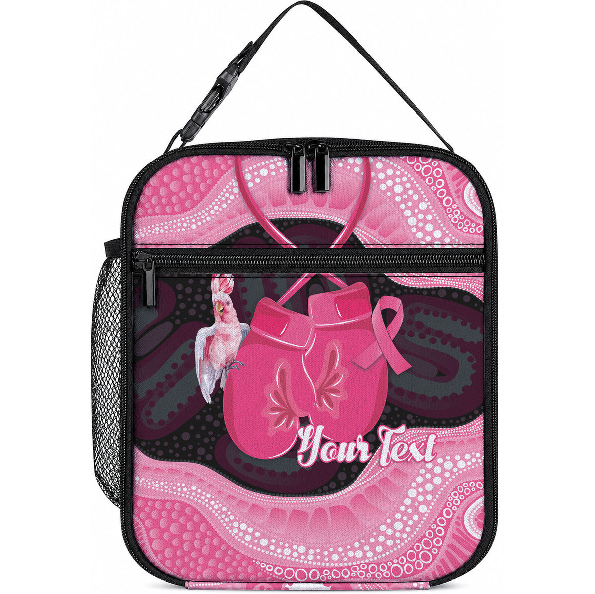 Personalised Australia Breast Cancer Awareness Lunch Bag Pink Cockatoo Fight Boxing Gloves Aboriginal Art