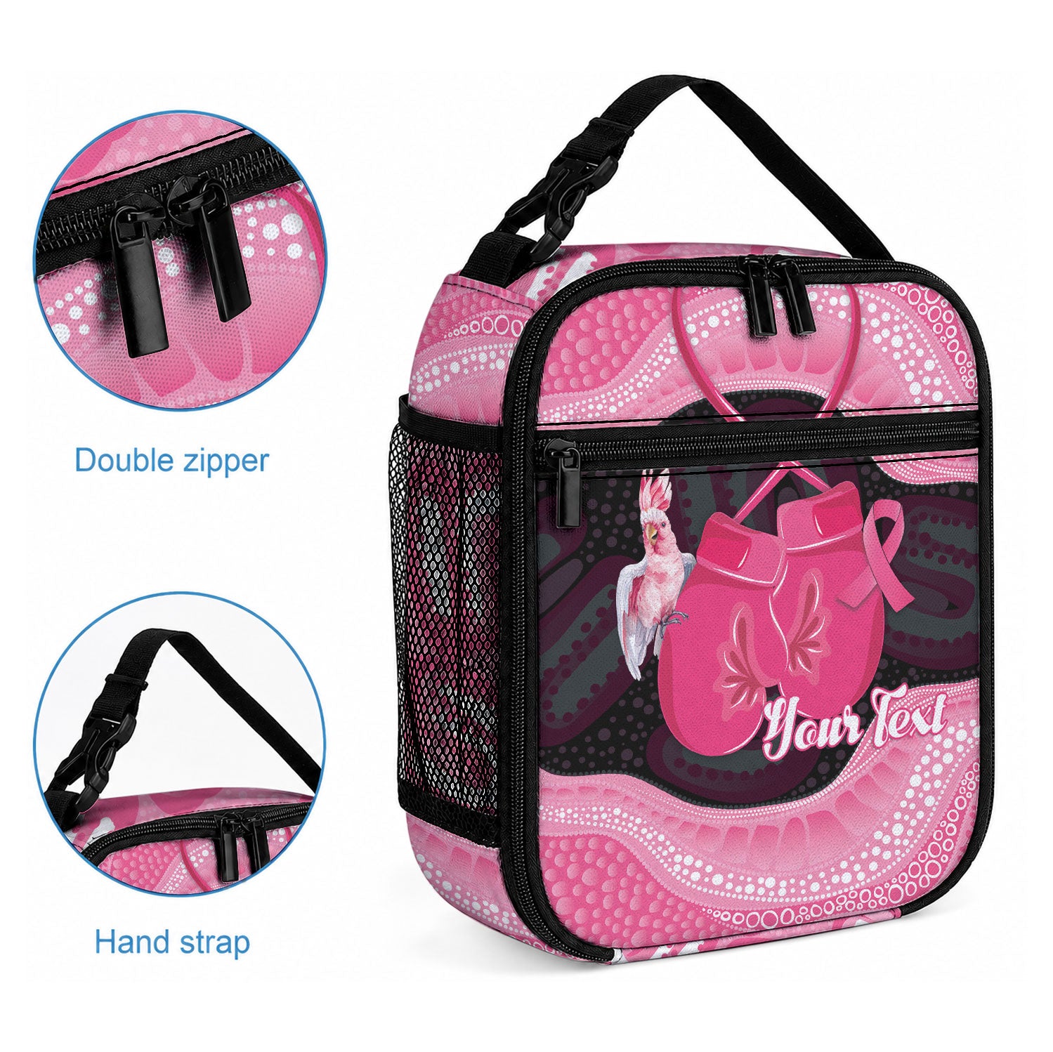 Personalised Australia Breast Cancer Awareness Lunch Bag Pink Cockatoo Fight Boxing Gloves Aboriginal Art