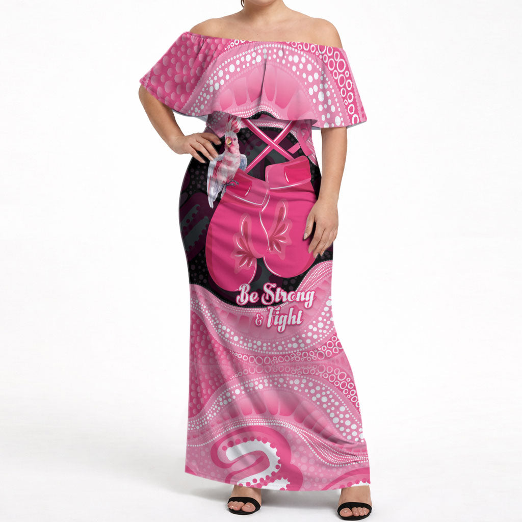 Personalised Australia Breast Cancer Awareness Off Shoulder Maxi Dress Pink Cockatoo Fight Boxing Gloves Aboriginal Art