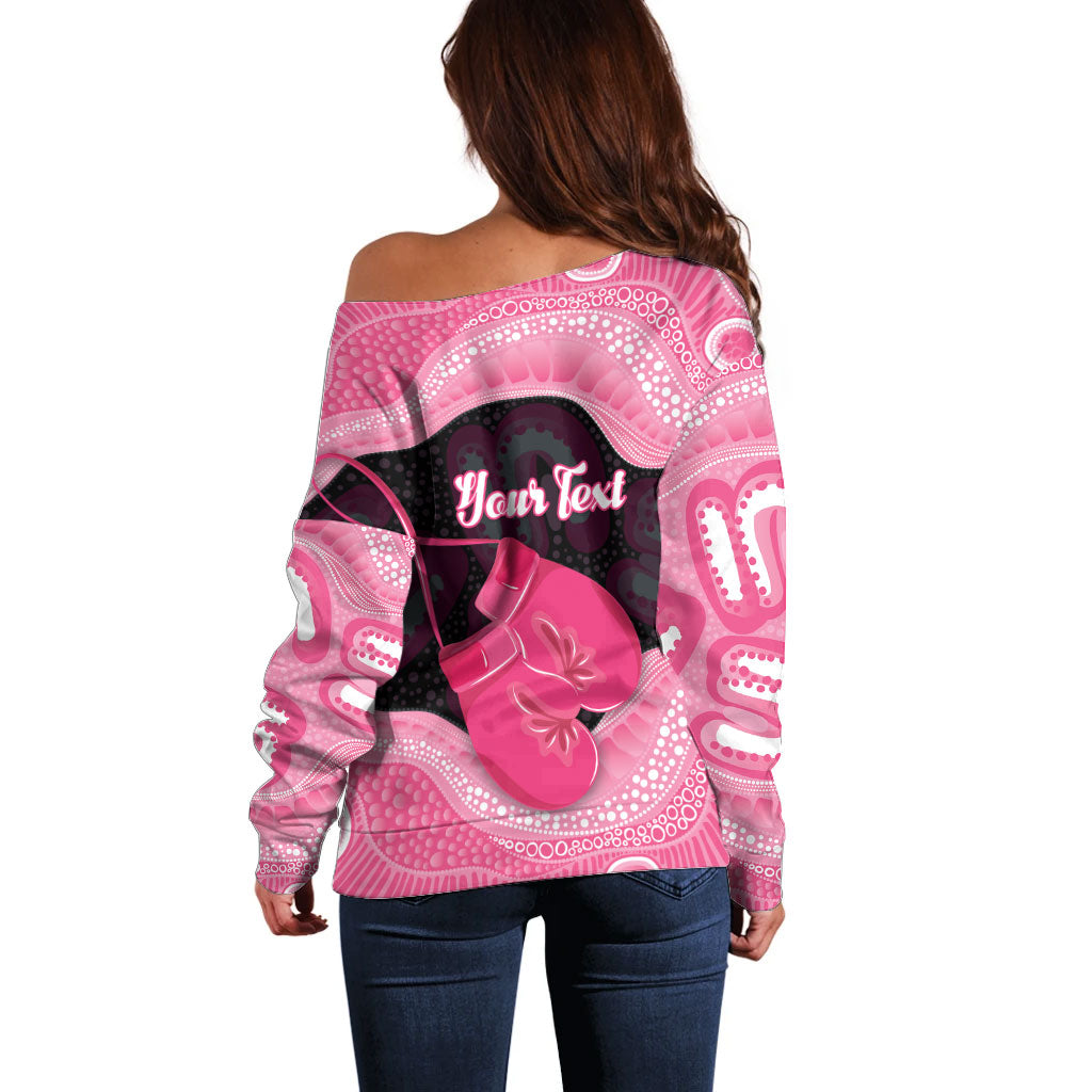 Personalised Australia Breast Cancer Awareness Off Shoulder Sweater Pink Cockatoo Fight Boxing Gloves Aboriginal Art