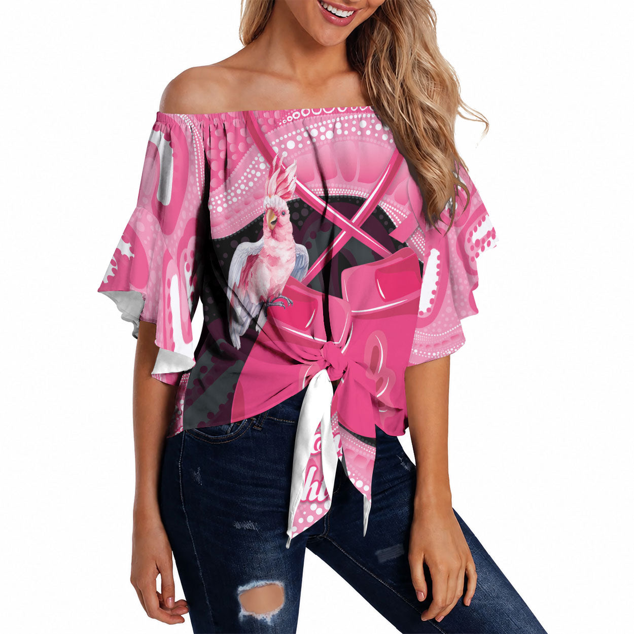 Personalised Australia Breast Cancer Awareness Off Shoulder Wrap Waist Top Pink Cockatoo Fight Boxing Gloves Aboriginal Art